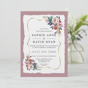Charm Dusty Blue Flowers Misty Rose Gold Wedding Invitation