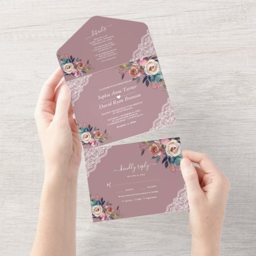 Charm Dusty Blue Misty Rose Flowers Wedding   All In One Invitation