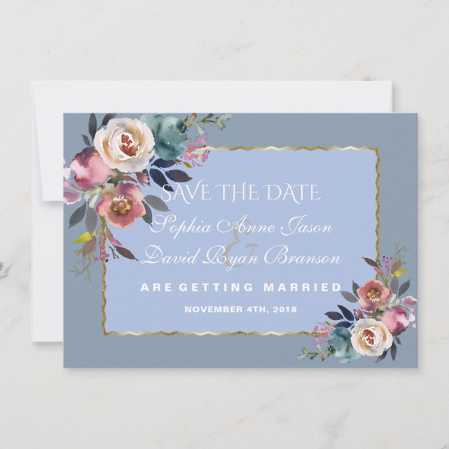 Charm Dusty Blue Misty  Rose Gold Frame Wedding Save The Date (Front)