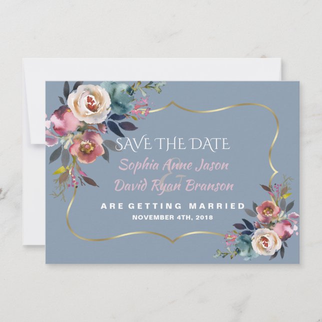 Charm Dusty Blue Misty  Rose Gold Wedding Save The Date (Front)