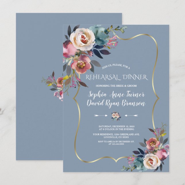 Charm Dusty Blue Pink Floral Gold Rehearsal Dinner Invitation (Front/Back)