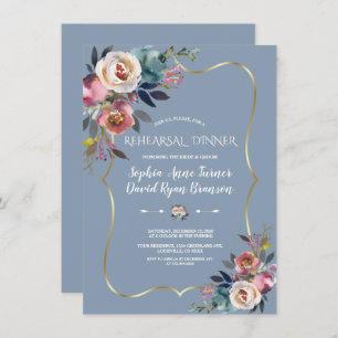 Charm Dusty Blue Pink Floral Gold Rehearsal Dinner Invitation