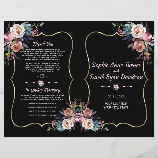 Charm Dusty Blue Pink Flowers Gold Wedding Program (Front)