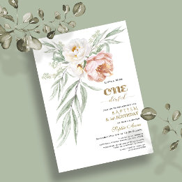 Charm Dusty Rose Flowers First Birthday & Baptism Invitation