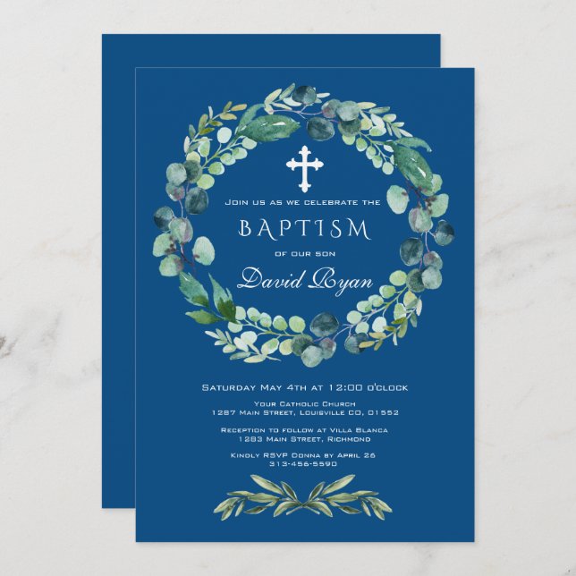 Charm Eucalyptus Foliage Classic Blue Boy Baptism Invitation (Front/Back)