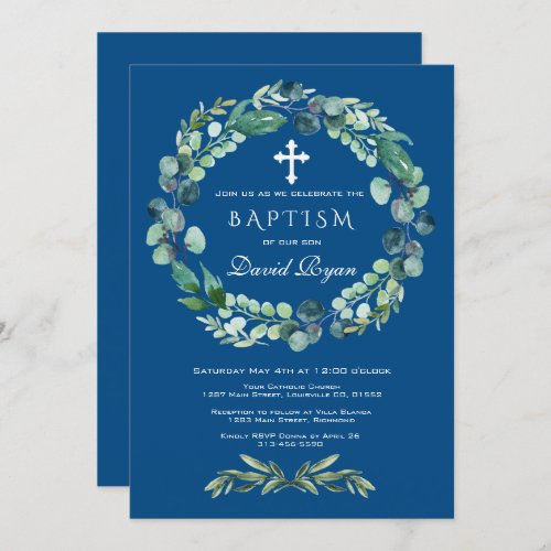 Charm Eucalyptus Foliage Classic Blue Boy Baptism Invitation