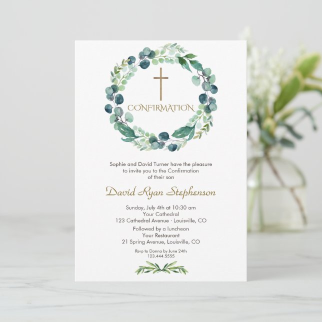  Charm Eucalyptus Foliage Cross Boy Confirmation Invitation (Standing Front)