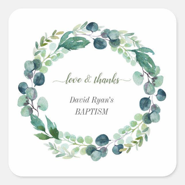 Charm Eucalyptus Foliage Wreath Boy Baptism  Square Sticker (Front)