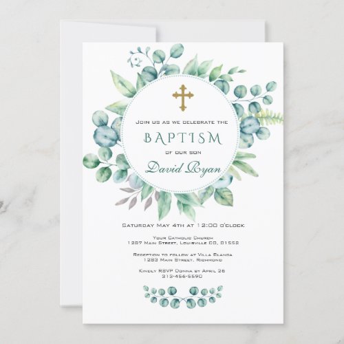Charm Eucalyptus Greenery Wreath Cross Boy Baptism Invitation