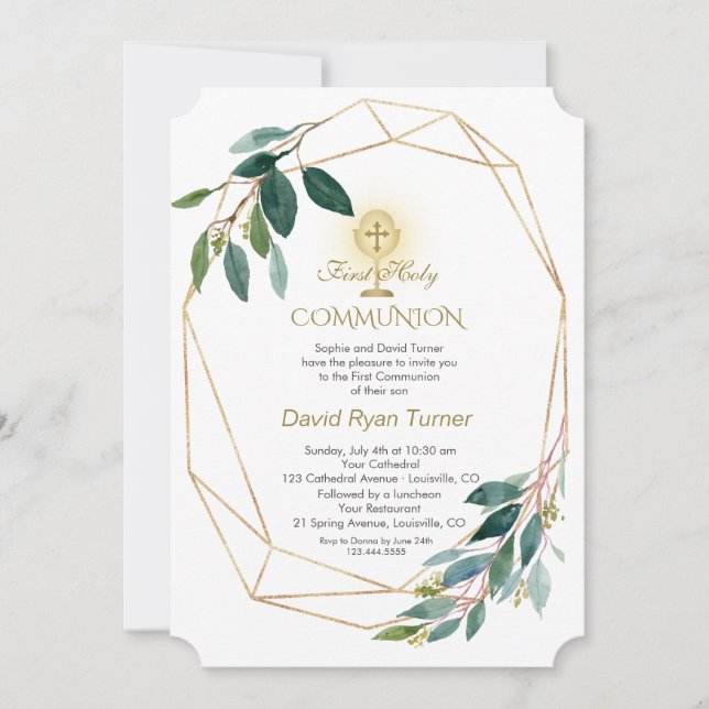Charm Eucalyptus Leaves Gold Frame Holy Communion Invitation (Front)