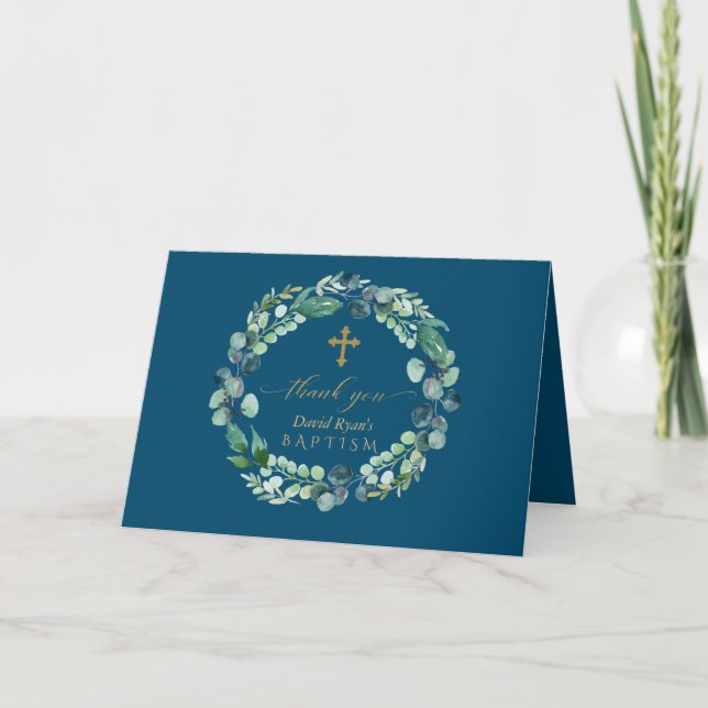 Charm Eucalyptus Wreath Gold Photo Boy Baptism Thank You Card (Front)