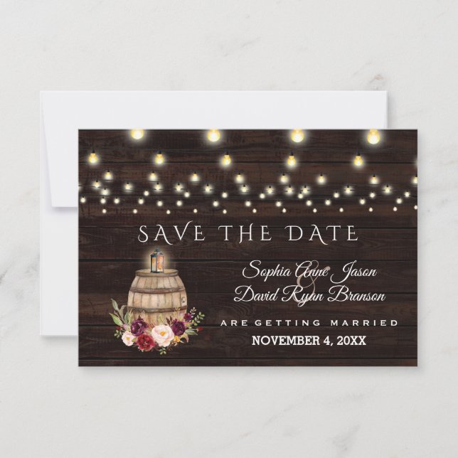 Charm Fall Burgundy Floral Wine Barrel Wedding Save The Date (Front)