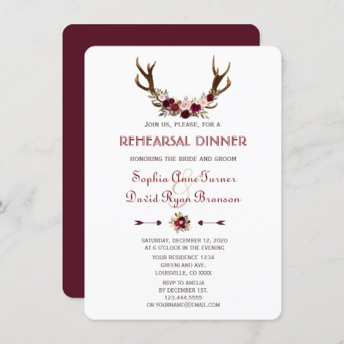 Charm Fall Marsala Floral Antlers Rehearsal Dinner Invitation