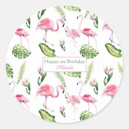 Charm Flamingo Family Tropical Flowers and Leaves Classic Round Sticker