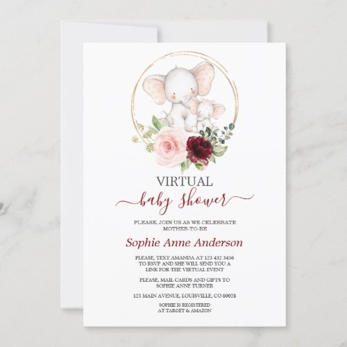 Charm Floral Elephant Virtual Baby Shower By Mail Invitation
