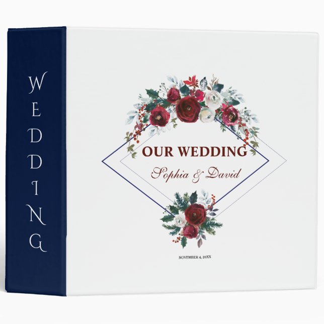 Charm Geometric Burgundy Floral Navy Wedding Album 3 Ring Binder (Front/Spine)
