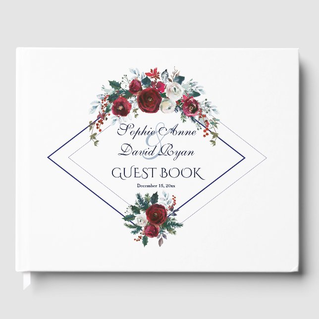 Charm Geometric Burgundy Navy Blue Floral Wedding Guest Book (Front)