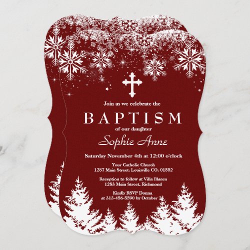 Charm Girl Winter Snowflakes Red Glitter Baptism Invitation