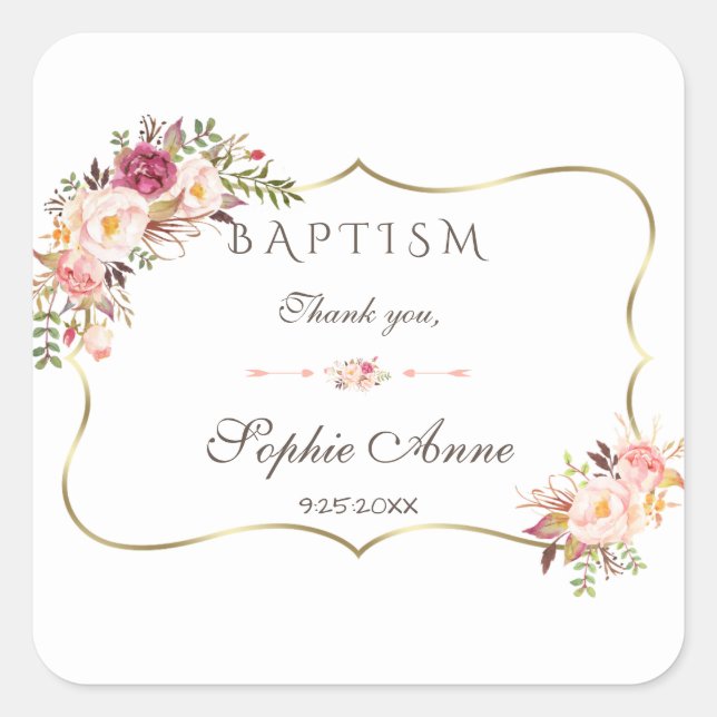 Charm Gold Blush Pink Floral Baptism Square Sticker (Front)