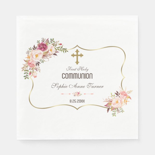 Charm Gold Blush Pink Floral Holy Communion Napkins (Front)