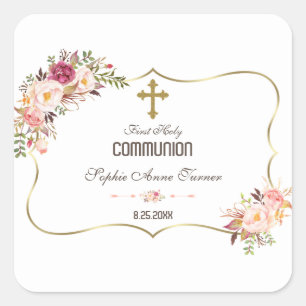Charm Gold Blush Pink Floral Holy Communion Square Sticker