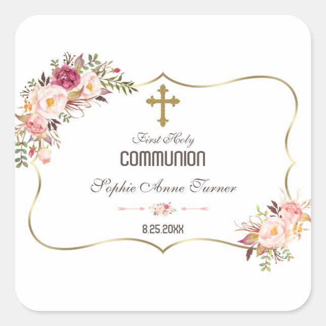 Charm Gold Blush Pink Floral Holy Communion Square Sticker (Front)