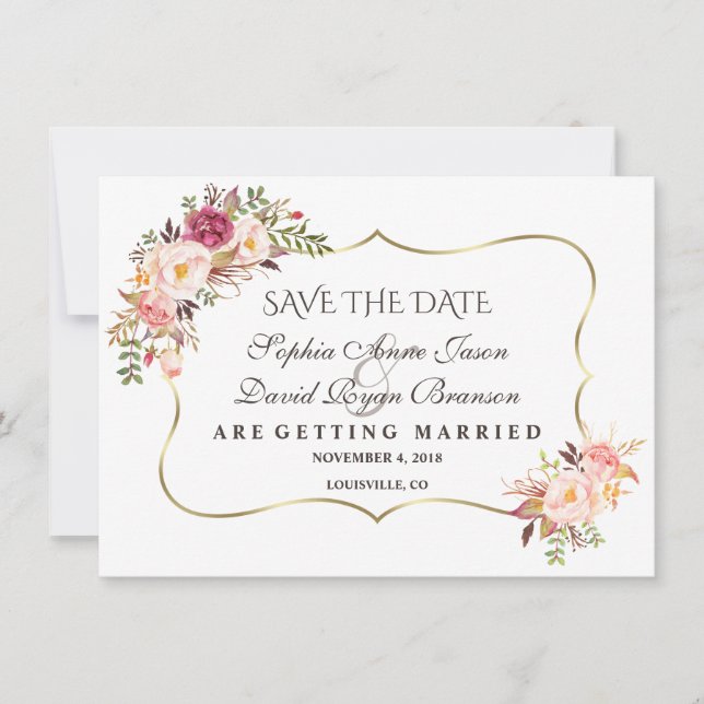 Charm Gold Blush Pink Floral Save The Date (Front)