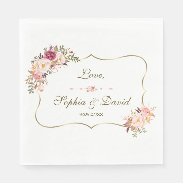Charm Gold Blush Pink Floral Wedding Napkins (Front)
