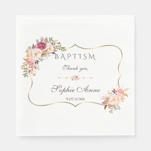 Charm Gold Blush Watercolor Floral Baptism Napkins