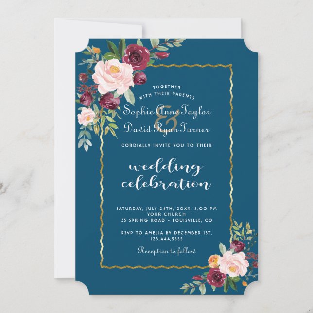 Charm Gold Burgundy Blush Bloom Flowers Wedding Invitation (Front)
