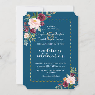 Charm Gold Burgundy Blush Bloom Flowers Wedding Invitation