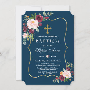 Charm Gold Burgundy Blush Floral Navy Blue Baptism Invitation