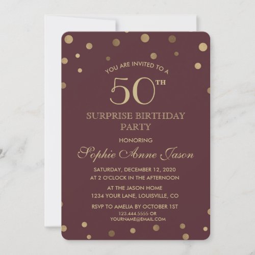 Charm Gold Confetti Burgundy 50th Birthday Party Invitation