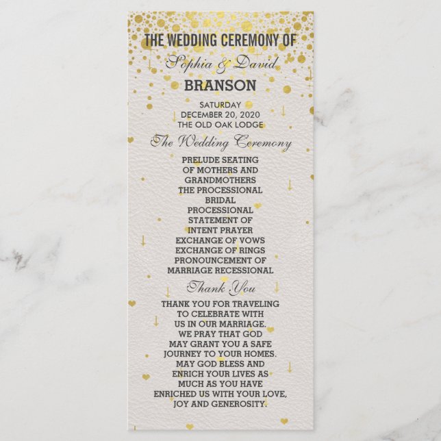 Charm Gold Confetti White Leather Wedding Program (Front)