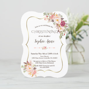 Charm Gold Frame Blush Pink Floral Christening Invitation