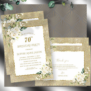 Charm Gold Glitter White Flowers 70th Birthday Invitation