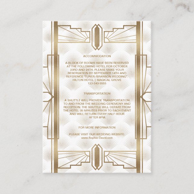 Charm Gold Great Gatsby Art Deco Wedding Details Enclosure Card (Front)