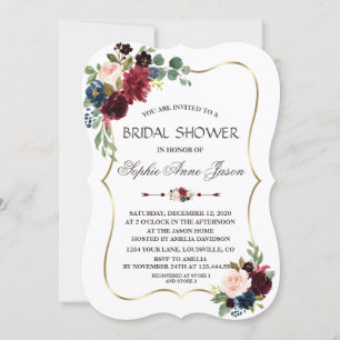 Charm Gold Merlot Navy Blue Floral Bridal Shower Invitation