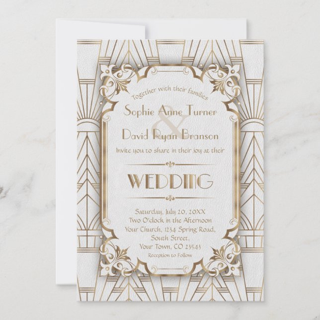 Charm Gold White Art Deco Great Gatsby Wedding Invitation (Front)