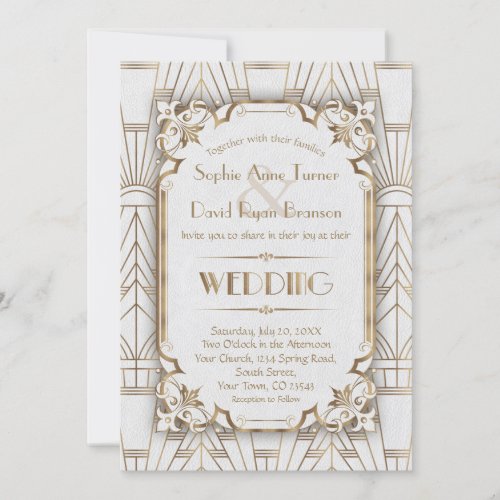 Charm Gold White Art Deco Great Gatsby Wedding Invitation