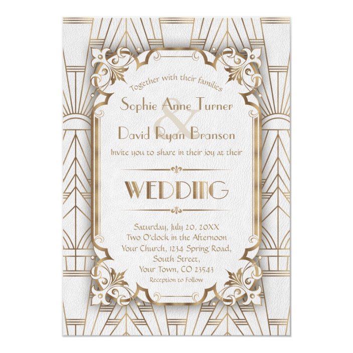 Gold Damask Scroll Warm White Wedding Invitations