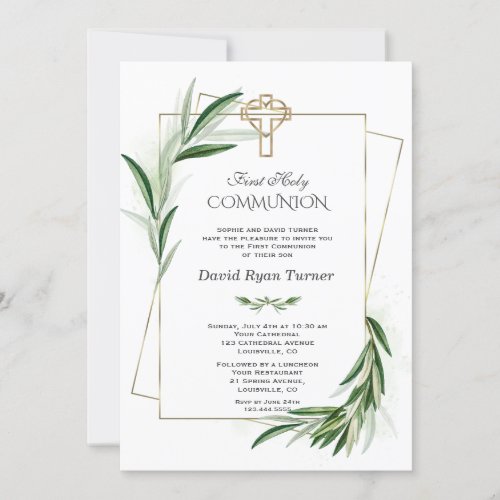 Charm Green Olive Leaves Gold First Holy Communion Invitation