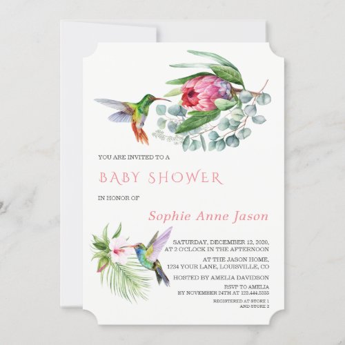 Charm Hummingbird Tropical Flowers Baby Shower Invitation