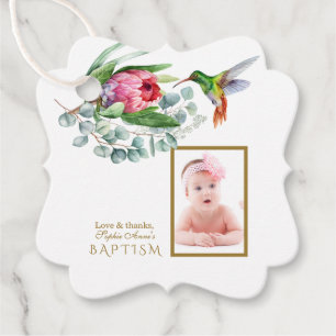 Charm Hummingbird Tropical Flowers Photo Baptism Favor Tags