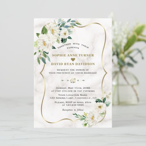 Charm Ivory White Flowers Rose Gold Marble Wedding Invitation