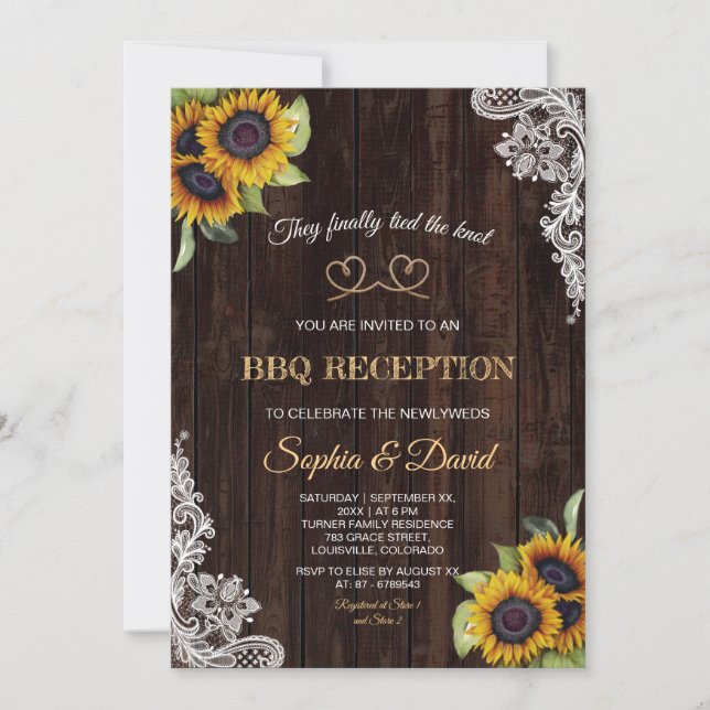 Charm Lace Rope We Tied The Knot Sunflowers BBQ  Invitation (Front)