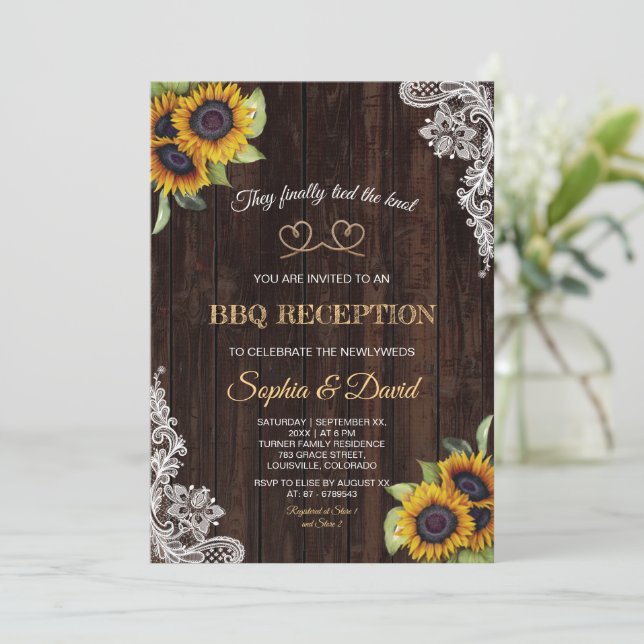 Charm Lace Rope We Tied The Knot Sunflowers BBQ  Invitation (Standing Front)