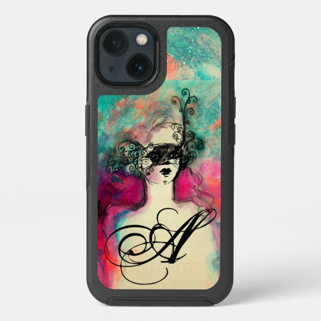 CHARM /Lady With Mask Monogram Pink Teal Green Otterbox iPhone Case (Back)