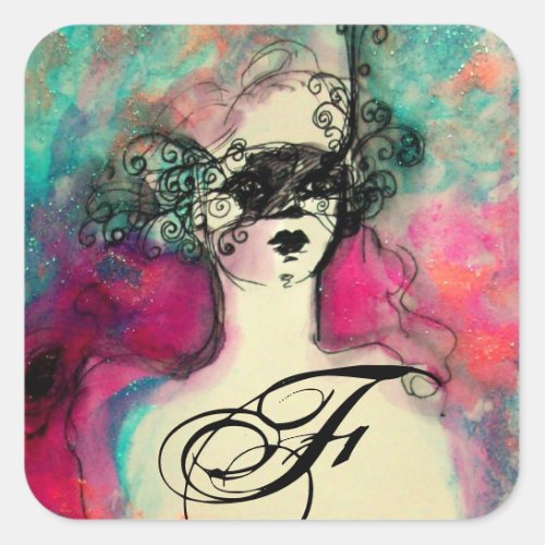 CHARM Lady With Mask Monogram Pink Teal Green Square Sticker