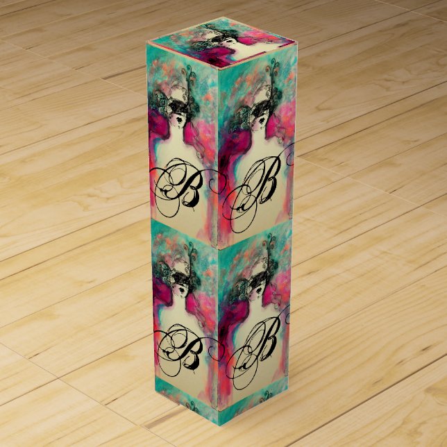 CHARM /Lady With Mask Monogram Pink Teal Green Wine Gift Box (Front)